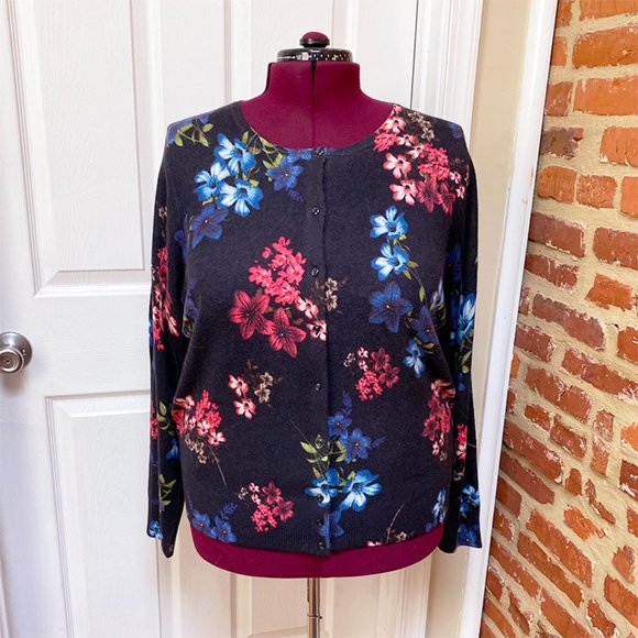 NWT Lord & Taylor Floral Printed 100% Cashmere Cardigan Sweater - Picture 1 of 5